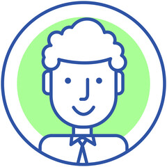 Avatar profile icon, male portrait. Round label with head symbol of gentleman. Graphical representation of user, his alter ego, game internet character in web forums, messengers, chats, portals, blogs