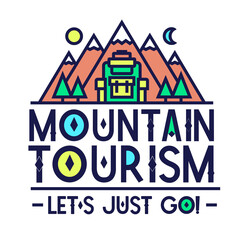 Mountain tourism summer camping card with landscape mountains, trees and backpack color style for logo, emblem, sticker, poster, banner, brochure, label, design t-shirt, badge