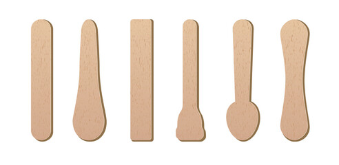 Wooden stick vector set realistic style with isolated on transparent background. Eco friendly food accesories. Medical tongue depressors. Ice cream sticks. Vector 10 eps