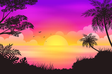 Tropical forest and sunset beach with colorful sky Cartoon illustration