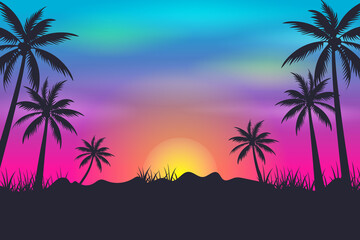 Fototapeta na wymiar Tropical palm trees with colorful sunset or sunrise sky Cartoon illustration 
