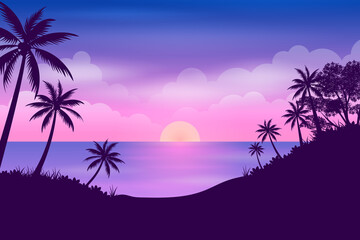Fototapeta na wymiar Tropical forest and ocean with beautiful Purple sky sunset or sunrise 