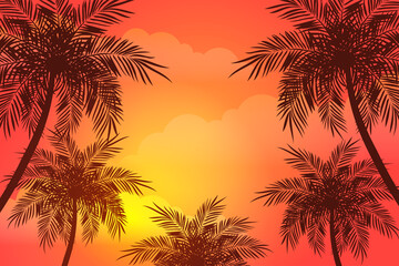 Tropical palm trees with beautiful sunset or sunrise sky Cartoon illustration