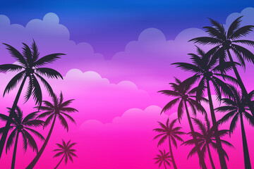 Fototapeta na wymiar Tropical palm trees with blue and pink sky Cartoon illustration