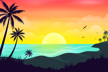 Fototapeta na wymiar Ocean landscape in sunset or sunrise with beautiful sky Cartoon illustration
