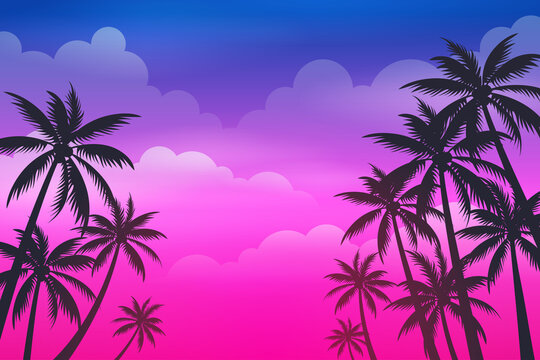 Tropical palm trees with blue and pink sky Cartoon illustration