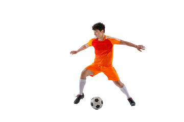 Fototapeta na wymiar Professional football, soccer player in motion isolated on white studio background. Concept of sport, match, active lifestyle, goal and hobby