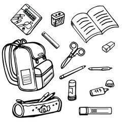 Back to school doodle elements. school equipment sketch black icons.
