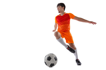 Professional football, soccer player in motion isolated on white studio background. Concept of sport, match, active lifestyle, goal and hobby