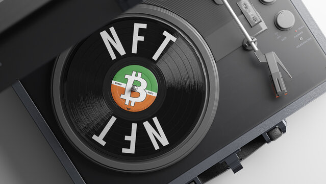 NFT Music record on record player or a non fungible token record. Top down shot of concept blockchain technology illustration. 3D Rendering