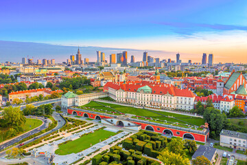 Beautiful panoramic view over the roofs of the Old Town to the Center of Warsaw, the Palace of...