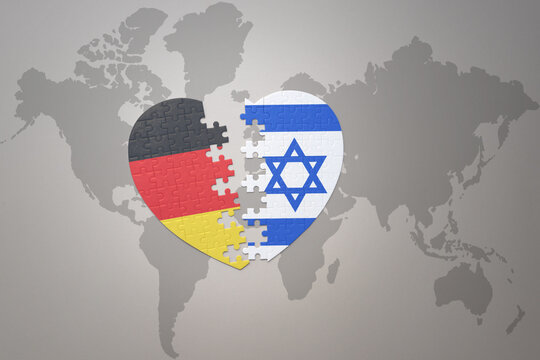 puzzle heart with the national flag of israel and germany on a world map background. Concept.
