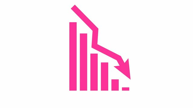 Animated pink chart of financial decline with a trend line chart. Economic crisis, recession, decrease graph. Bar chart. Profit down. Vector illustration isolated on white background.