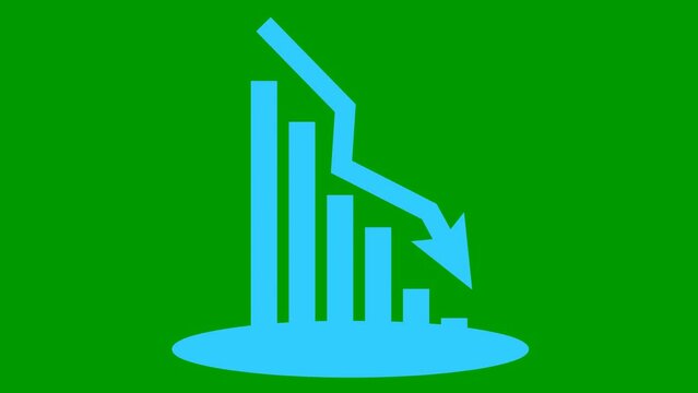 Animated blue chart of financial decline with a trend line chart. Economic crisis, recession, decrease graph. Bar chart. Profit down. Vector illustration isolated on green background.