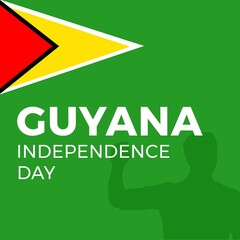 Illustration of guyana independence day text with national flag on green background,, copy space