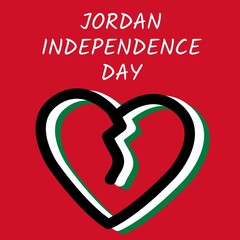 Illustration of jordan independence day text with heart shape against red background, copy space