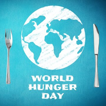 Illustration of fork and table knife with world hunger day text and planet earth on blue background