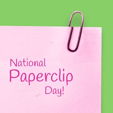Illustration of paperclip on pink paper with national paperclip day text, copy space