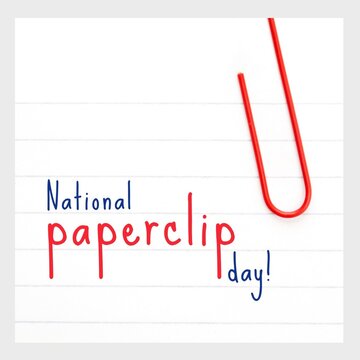 Illustration of paperclip on white paper with national paperclip day text, copy space
