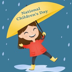 Digital composite of national children's day text on yellow umbrella held by happy girl in rain