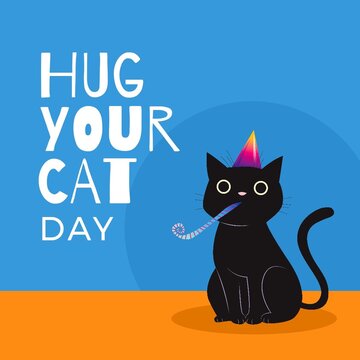 Digital composite of hug your cat day text by black cat with party hat and horn on blue background