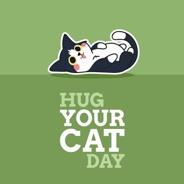 Digital composite image of hug your cat day text with cute kitten against green background