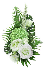 Flower arrangement, bouquet of white roses, eustoma, olive hydrangea, exotic tropical green leaves, palm branches, berries, 3d rendering