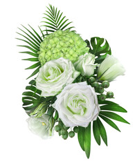 Flower arrangement, bouquet of white roses, eustoma, olive hydrangea, exotic tropical green leaves, palm branches, berries, 3d rendering