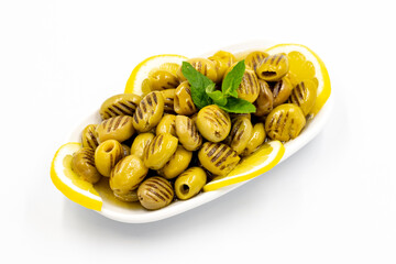 Grilled green olives. natural olive on isolated white background. Healthy food. close up