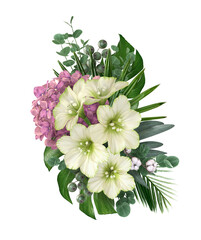 Flower arrangement, bouquet of white amaryllis flowers, euqualitca leaves, lilac hydrangea, tropical palm leaves, 3d rendering