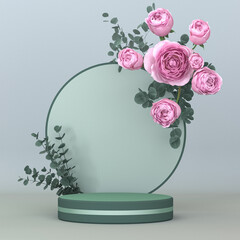 Abstract geometric minimalistic background with round podium for product, green olive pastel color, rose flower branches, eucalyptus, empty showcase, mocap, 3d rendering