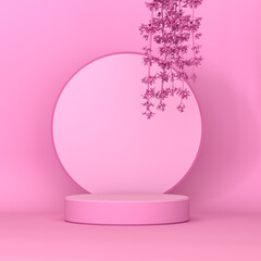 Abstract geometric minimalistic background with round podium for product, pink lilac pastel color, eucalyptus flower branches, empty showcase, mocap, 3d rendering