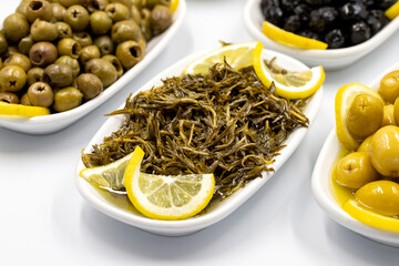 Olives. Varieties of olives on white background. Healthy food. Selective focus olive. close up