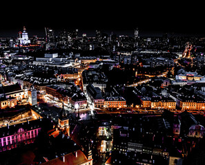 Cityscape of old buildings and architecture in the old town in Warsaw. Aerial view of old buildings, castles and a church in the old city of Warsaw.