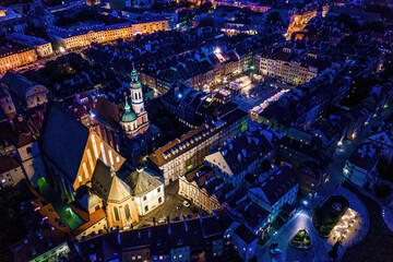 Cityscape of old buildings and architecture in the old town in Warsaw. Aerial view of old buildings, castles and a church in the old city of Warsaw.