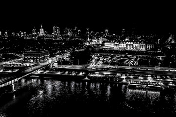 Black and white Aerial view of old buildings, castles and a church in the old city of Warsaw....