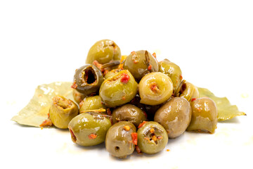 Green olive. Olives with special sauce isolated white background. Healthy food. close up