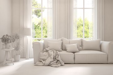 Mock up of stylish room in white color with sofa and green landscape in window. Scandinavian interior design. 3D illustration