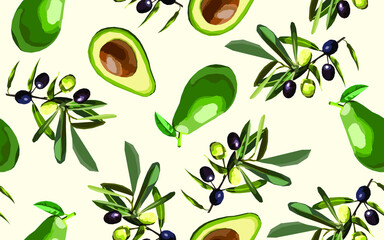 Olive branch and avocado vector seamless pattern