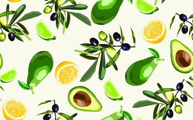 Olive branches, avocado, lemon and lime vector seamless pattern