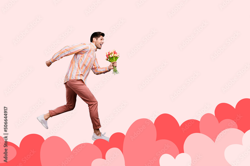 Poster creative retro 3d magazine collage of guy running fast hearts hurrying date empty space isolated pin