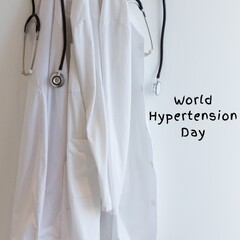 Composite image of world hypertension day text with lab coats and stethoscope on white background