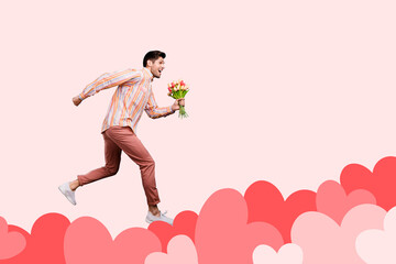 Creative retro 3d magazine collage of guy running fast hearts hurrying date empty space isolated pink color background