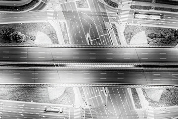 Aerial view of landscape perfect night road, top view at night traffic long exposure. color tone...