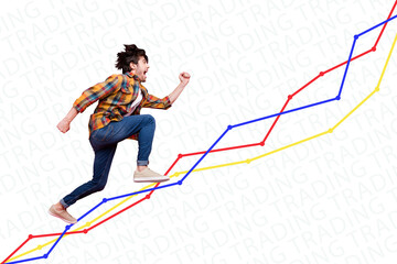 Creative banner poster of excited worker guy have urgency run upward success promotion isolated background
