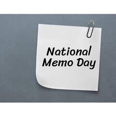 Composite image of adhesive note with national memo day text and paper clip on gray background