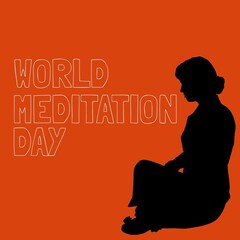 Fototapeta na wymiar Illustration of world meditation day text and woman meditating on orange background, copy space