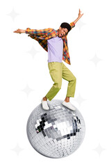 Creative artwork sketch of energetic guy hipster enjoy rock music dance active disco ball isolated white color background - obrazy, fototapety, plakaty