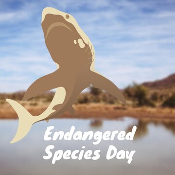 Digital Composite Image Of Fish And Endangered Species Day Text Over Lake Against Blue Sky