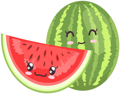 Cute watermelon sticker kawaii icon vector. Adorable cute charming tropical fruit with positive emotions, event or very pleasant situation, japanese culture symbol anime innocence and childishness